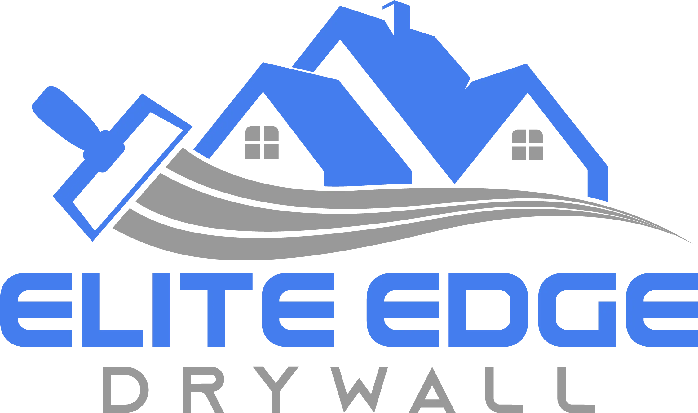 Elite Edge Drywall logo featuring a trowel and stylized houses, representing drywall installation and repair services.