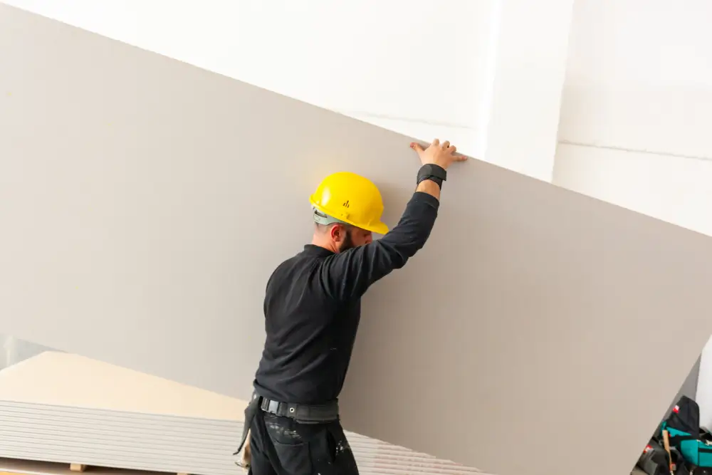 Worker in a yellow hard hat lifting drywall sheet in a clean, professional environment, emphasizing drywall installation for residential and commercial projects.